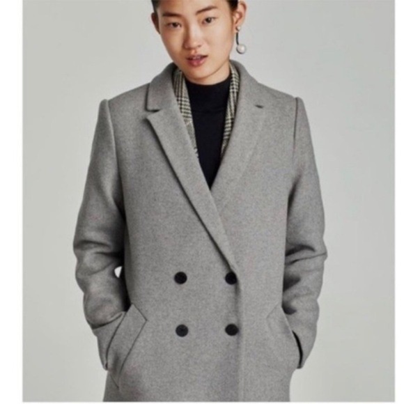 Zara TRF Light Gray Wool Blend Long Pea Coat Small Double Breasted - Picture 2 of 9